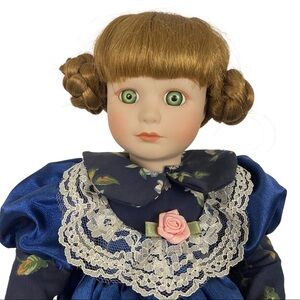 Vintage 90’s Victorian Porcelain Doll  16” Green Eyes Satin Blue Floral Dress